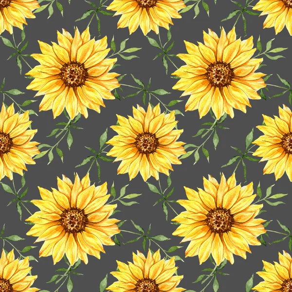 Watercolor Sunflower Background, Sunflower Seamless pattern with Hand Painted Watercolor Sunflowers and Greenery on white background. Floral Seamless Pattern.