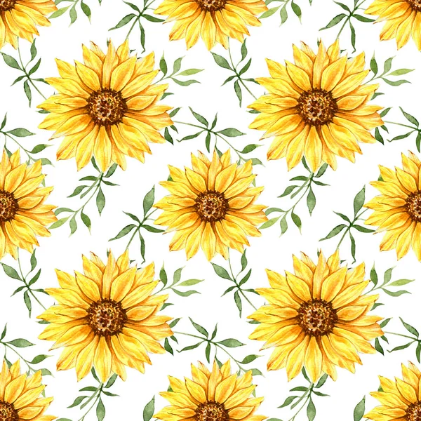Watercolor Sunflower Background, Sunflower Seamless pattern with Hand Painted Watercolor Sunflowers and Greenery on white background
