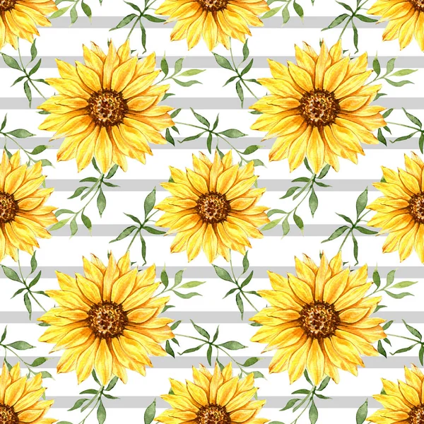 Watercolor Sunflower Background, Sunflower Seamless pattern with Hand Painted Watercolor Sunflowers and Greenery on white background