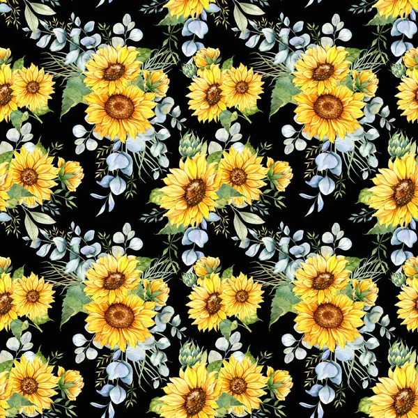 Watercolor Sunflower Background, Sunflower Seamless pattern with Hand Painted Watercolor Sunflowers and Greenery on white background. Floral Seamless Pattern.