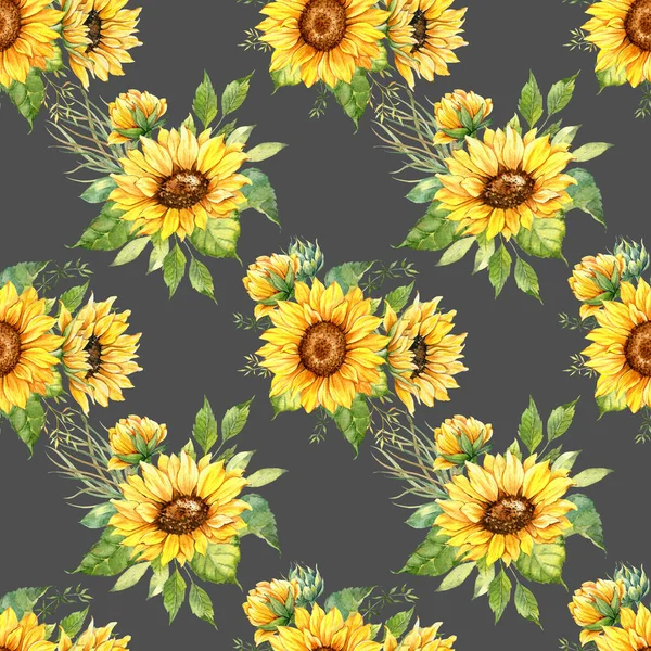Watercolor Sunflower Background, Sunflower Seamless pattern with Hand Painted Watercolor Sunflowers and Greenery on dark background