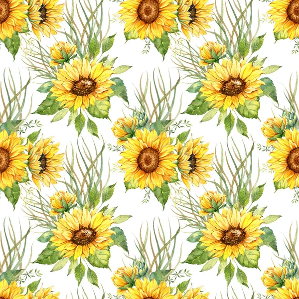 Watercolor Sunflower Background, Sunflower Seamless pattern with Hand Painted Watercolor Sunflowers and Greenery on white background