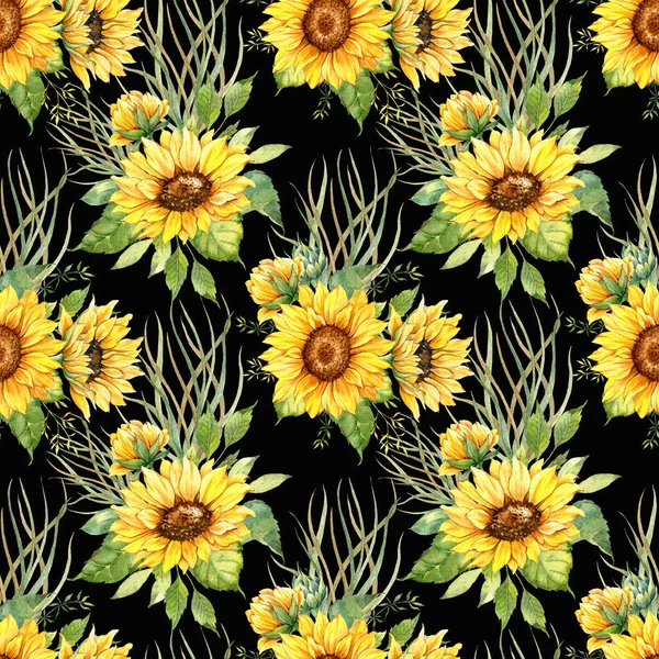 Watercolor Sunflower Background, Sunflower Seamless pattern with Hand Painted Watercolor Sunflowers and Greenery on dark background