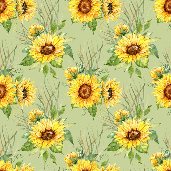 Watercolor Sunflower Background, Sunflower Seamless pattern with Hand Painted Watercolor Sunflowers and Greenery on white background. Floral Seamless Pattern.