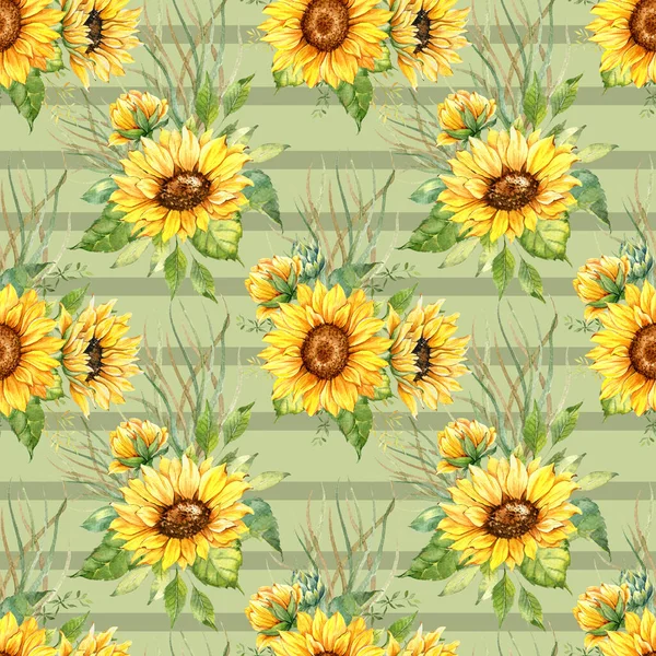 Watercolor Sunflower Background, Sunflower Seamless pattern with Hand Painted Watercolor Sunflowers and Greenery on white background. Floral Seamless Pattern.