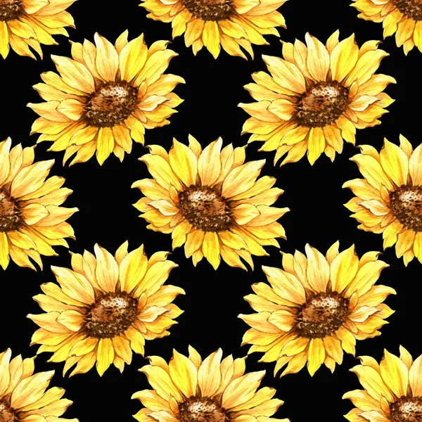 Watercolor Sunflower Background, Sunflower Seamless pattern with Hand Painted Watercolor Sunflowers and Greenery on dark background