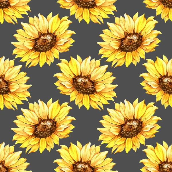 Watercolor Sunflower Background, Sunflower Seamless pattern with Hand Painted Watercolor Sunflowers and Greenery on dark background