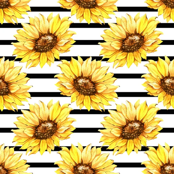Watercolor Sunflower Background, Sunflower Seamless pattern with Hand Painted Watercolor Sunflowers and Greenery on white background