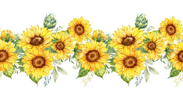 Sunflowers Seamless Border, Watercolor Sunflowers Arrangement, Hand Painted Sunflowers Bouuqet on white background