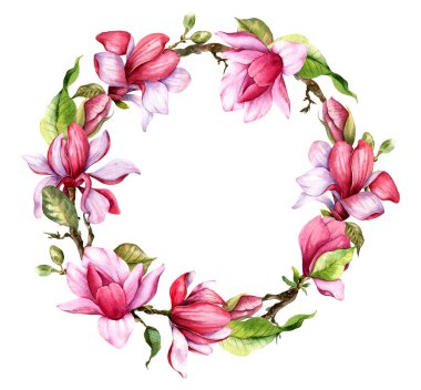 Pink magnolia Flower Bouquet Watercolor Illustration, Magnolia Arrangement on white background, Spring Floral Illustration. Hand painted Magnolia set