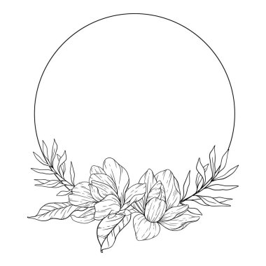  Çerçeve Hattı Sanatı. Ana hatlarıyla Magnolia Çiçeği. Çerçeve El Çizimi Çizimi taslağı. Şakayık Çiçekleri ile Renklendirme Sayfası. 