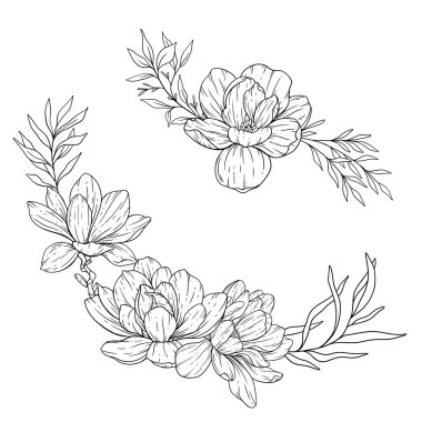Çiçek Hattı Sanatı. Çiçek Rengi Sayfaları için Magnolia Çiçek Taslağı, Minimalist Modern Düğün Davetiyeleri