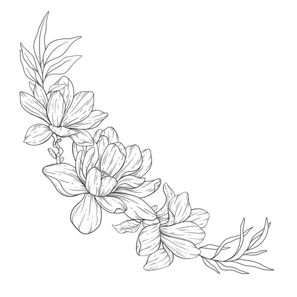 フラワーラインアート 花のぬりえページのためのマグノリアの花の概要 ミニマリスト現代結婚式の招待状 — ストックベクタ