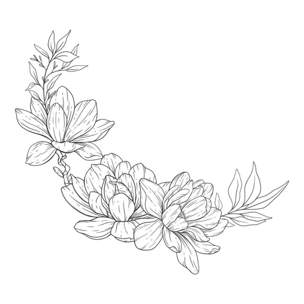 Floral Line Art Magnolia Flower Outline Für Floral Malvorlagen Minimalistisch — Stockvektor