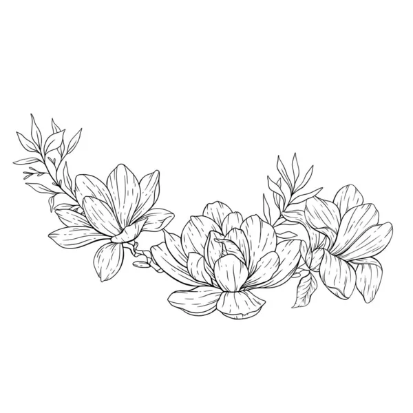 Floral Line Art Magnolia Flower Outline Floral Coloring Pages Minimalist — Stock Vector