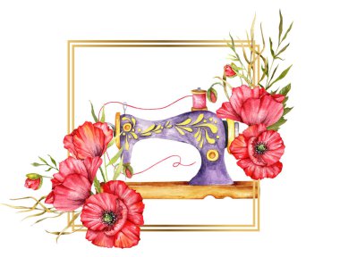 Logo dikiyorum. Çiçek çelenkli klasik dikiş makinesi. Beyaz izole arkaplanda suluboya çizimi. Hobi olarak. Ev yapımı hobi. Nakış, dikiş dikmek. Terzi logosu..