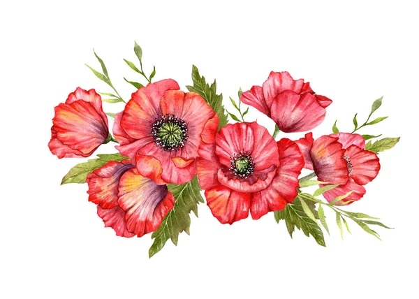 Piros Mákvirág Akvarell Illusztráció Kézzel Festett Vadvirágok Csokor Tökéletes Esküvői — Stock Fotó