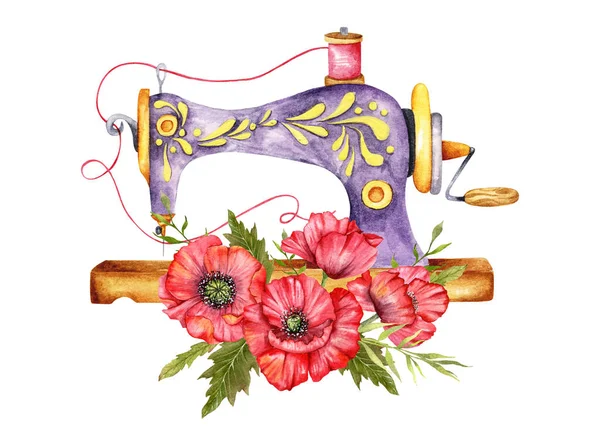 Sewing logo. Vintage sewing machine with floral wreath. Watercolor illustration on white isolated background. Hobby. Homemade hobby. Embroidery, sewing. Tailor shop logo.