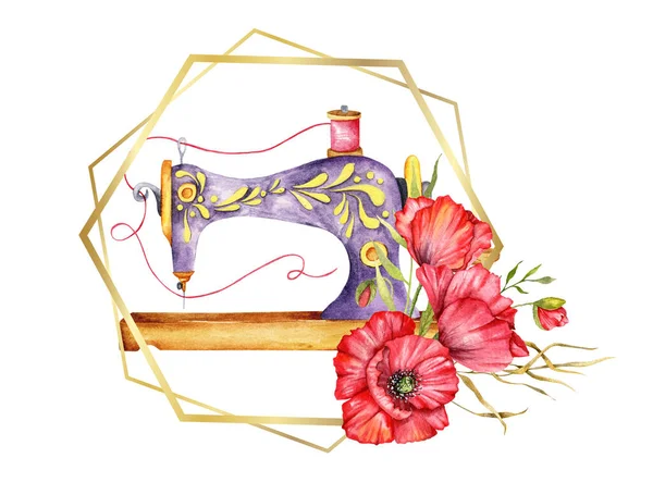 Sewing logo. Vintage sewing machine with floral wreath. Watercolor illustration on white isolated background. Hobby. Homemade hobby. Embroidery, sewing. Tailor shop logo.