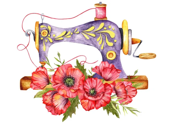 Varró Logó Vintage Varrógép Virágkoszorúval Akvarell Illusztráció Fehér Elszigetelt Háttérrel — Stock Fotó