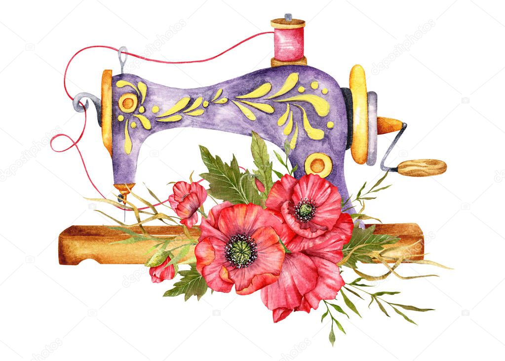 Sewing logo. Vintage sewing machine with floral wreath. Watercolor illustration on white isolated background. Hobby. Homemade hobby. Embroidery, sewing. Tailor shop logo.