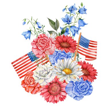 4 Temmuz Vatansever Konsepti. Bağımsızlık Günü tasarım elementi. El Boyalı Suluboya Çiçek Arrabasyonu. Botatik Çizim