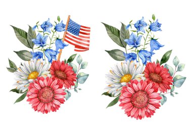 4 Temmuz Vatansever Konsepti. Bağımsızlık Günü tasarım elementi. El Boyalı Suluboya Çiçek Arrabasyonu. Botatik Çizim