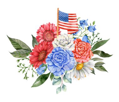 4 Temmuz Vatansever Konsepti. Bağımsızlık Günü tasarım elementi. El Boyalı Suluboya Çiçek Arrabasyonu. Botatik Çizim