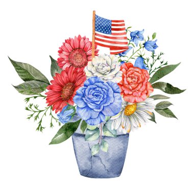 4 Temmuz Vatansever Konsepti. Bağımsızlık Günü tasarım elementi. El Boyalı Suluboya Çiçek Arrabasyonu. Botatik Çizim