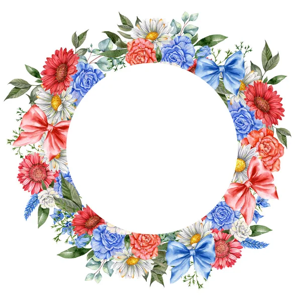 七月四日爱国观念 独立日设计元素 手绘水彩花拱门 植物学说明 — 图库照片