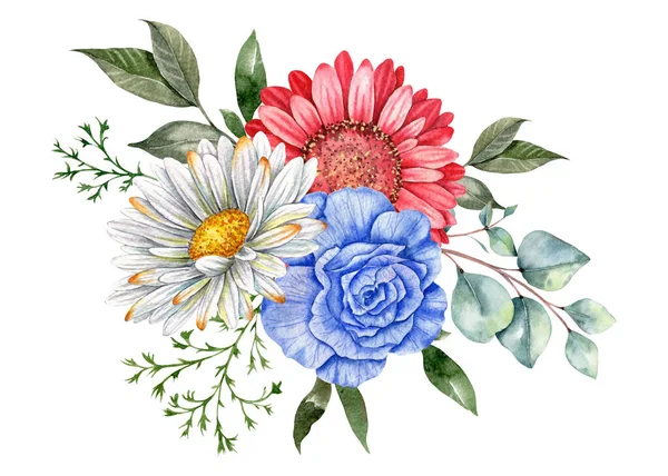 7月4日 愛国主義 独立記念日のデザイン要素 手描きの水彩花のアラベーション 植物図 — ストック写真