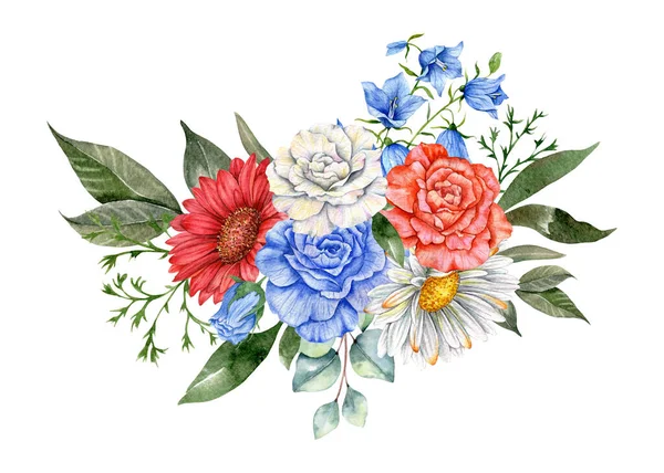 七月四日爱国观念 独立日设计元素 手绘水彩花拱门 植物学说明 — 图库照片