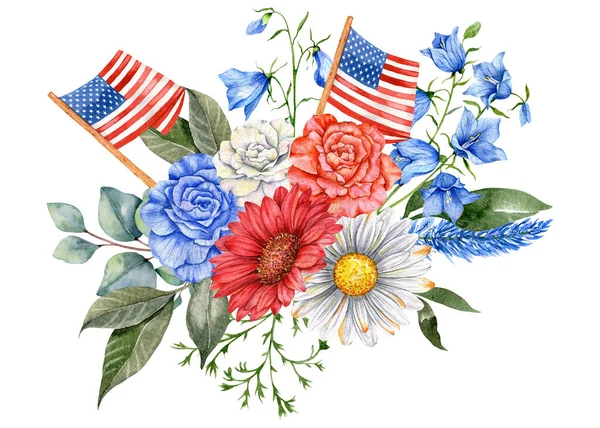 Juli Patriotisches Konzept Gestaltungselement Zum Unabhängigkeitstag Handgemaltes Aquarell Floral Arrabgement — Stockfoto