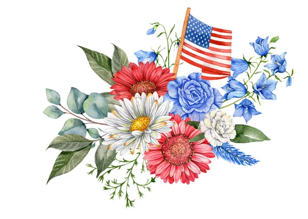 Juli Patriotisches Konzept Gestaltungselement Zum Unabhängigkeitstag Handgemaltes Aquarell Floral Arrabgement — Stockfoto