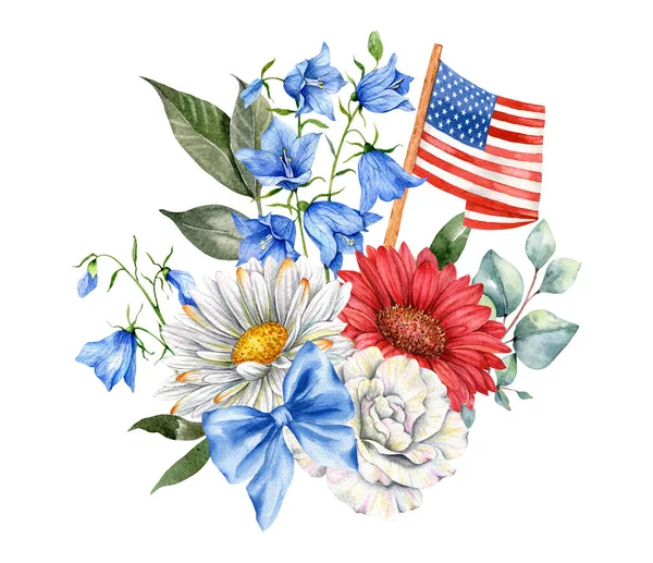 stock image 4th of July Patriotic Concept. Independence Day design element. Hand Painted Watercolor Floral Arrabgement . Botaical Illustration