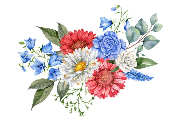 7月4日 愛国主義 独立記念日のデザイン要素 手描きの水彩花のアラベーション 植物図 — ストック写真