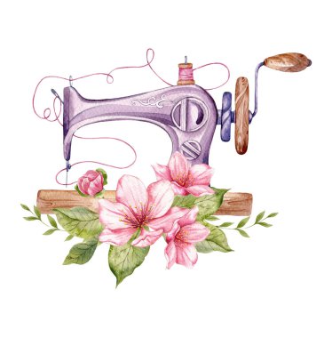 Logo dikiyorum. Çiçek çelenkli klasik dikiş makinesi. Beyaz izole arkaplanda suluboya çizimi. Hobi olarak. Ev yapımı hobi. Nakış, dikiş dikmek. Terzi logosu..