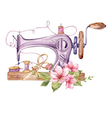 Logo dikiyorum. Çiçek çelenkli klasik dikiş makinesi. Beyaz izole arkaplanda suluboya çizimi. Hobi olarak. Ev yapımı hobi. Nakış, dikiş dikmek. Terzi logosu..