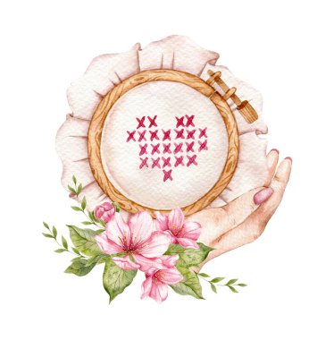 Embroidery logo. Embroidery Hoop. Vintage Needlework with florals. Watercolor illustration on white isolated background. Hobby. Homemade hobby. Embroidery, sewing. Tailor shop logo. clipart