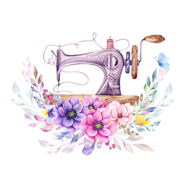 Logo dikiyorum. Çiçek çelenkli klasik dikiş makinesi. Beyaz izole arkaplanda suluboya çizimi. Hobi olarak. Ev yapımı hobi. Nakış, dikiş dikmek. Terzi logosu..