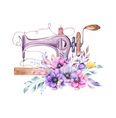 Logo dikiyorum. Çiçek çelenkli klasik dikiş makinesi. Beyaz izole arkaplanda suluboya çizimi. Hobi olarak. Ev yapımı hobi. Nakış, dikiş dikmek. Terzi logosu..