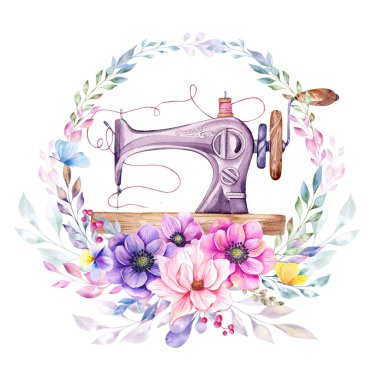 Logo dikiyorum. Çiçek çelenkli klasik dikiş makinesi. Beyaz izole arkaplanda suluboya çizimi. Hobi olarak. Ev yapımı hobi. Nakış, dikiş dikmek. Terzi logosu..