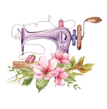 Logo dikiyorum. Çiçek çelenkli klasik dikiş makinesi. Beyaz izole arkaplanda suluboya çizimi. Hobi olarak. Ev yapımı hobi. Nakış, dikiş dikmek. Terzi logosu..