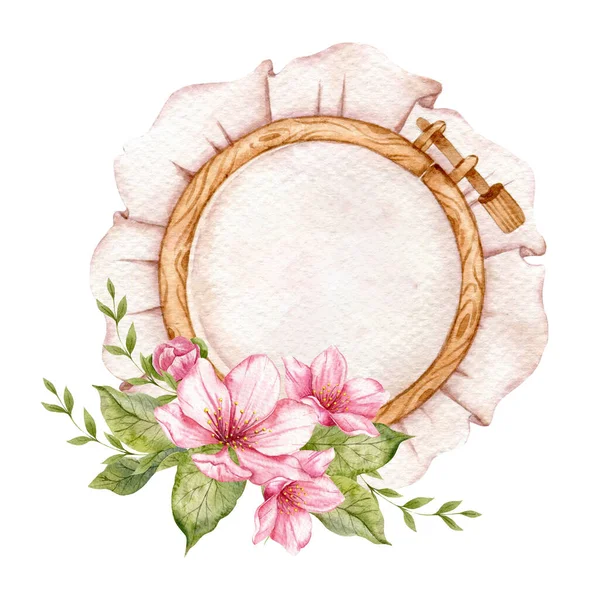 Logotipo Bordado Embroidery Hoop Vintage Needlework Com Flores Ilustração Aquarela — Fotografia de Stock