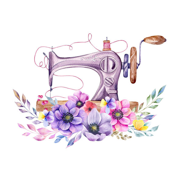 Швейный логотип. Винтажная швейная машина с цветочным венком. Акварель на белом изолированном фоне. Хобби. Домашнее хобби. Вышивка, шитье. Логотип магазина.