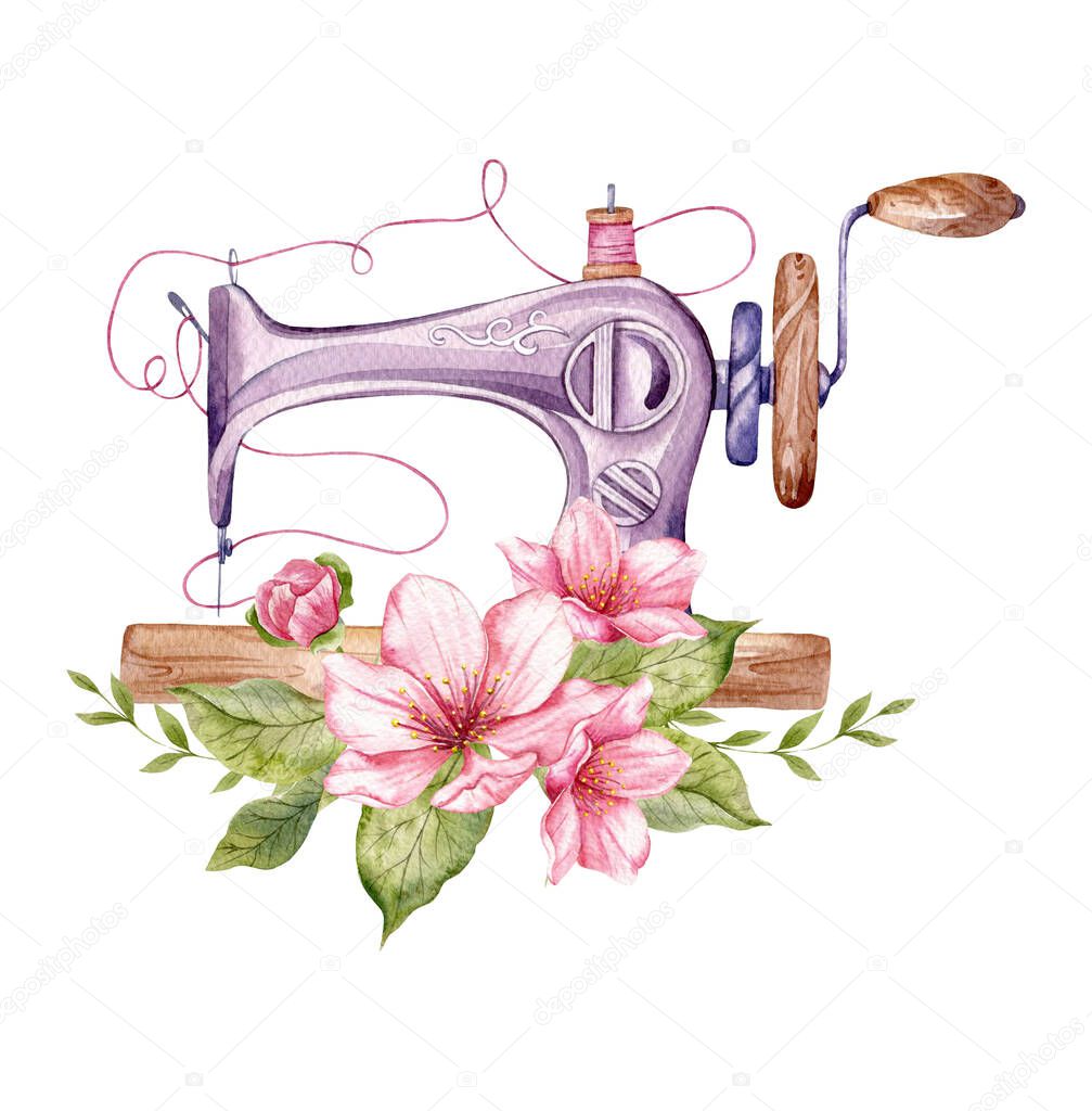 Sewing logo. Vintage sewing machine with floral wreath. Watercolor illustration on white isolated background. Hobby. Homemade hobby. Embroidery, sewing. Tailor shop logo.