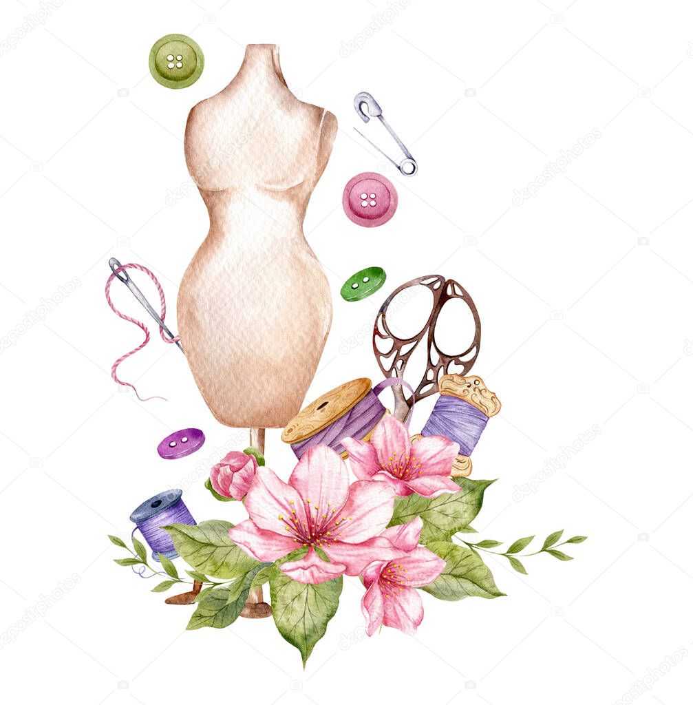 Sewing and Embroidery logo. Scisstors, Threads and needle Watercolor illustration on white isolated background. Hobby. Homemade hobby. Embroidery, sewing. Tailor shop logo.