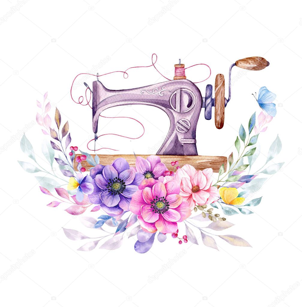 Sewing logo. Vintage sewing machine with floral wreath. Watercolor illustration on white isolated background. Hobby. Homemade hobby. Embroidery, sewing. Tailor shop logo.