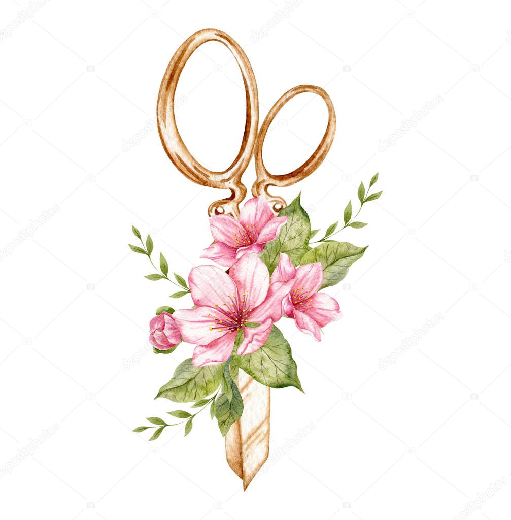 Sewing and Embroidery logo. Scisstors, Threads and needle Watercolor illustration on white isolated background. Hobby. Homemade hobby. Embroidery, sewing. Tailor shop logo.