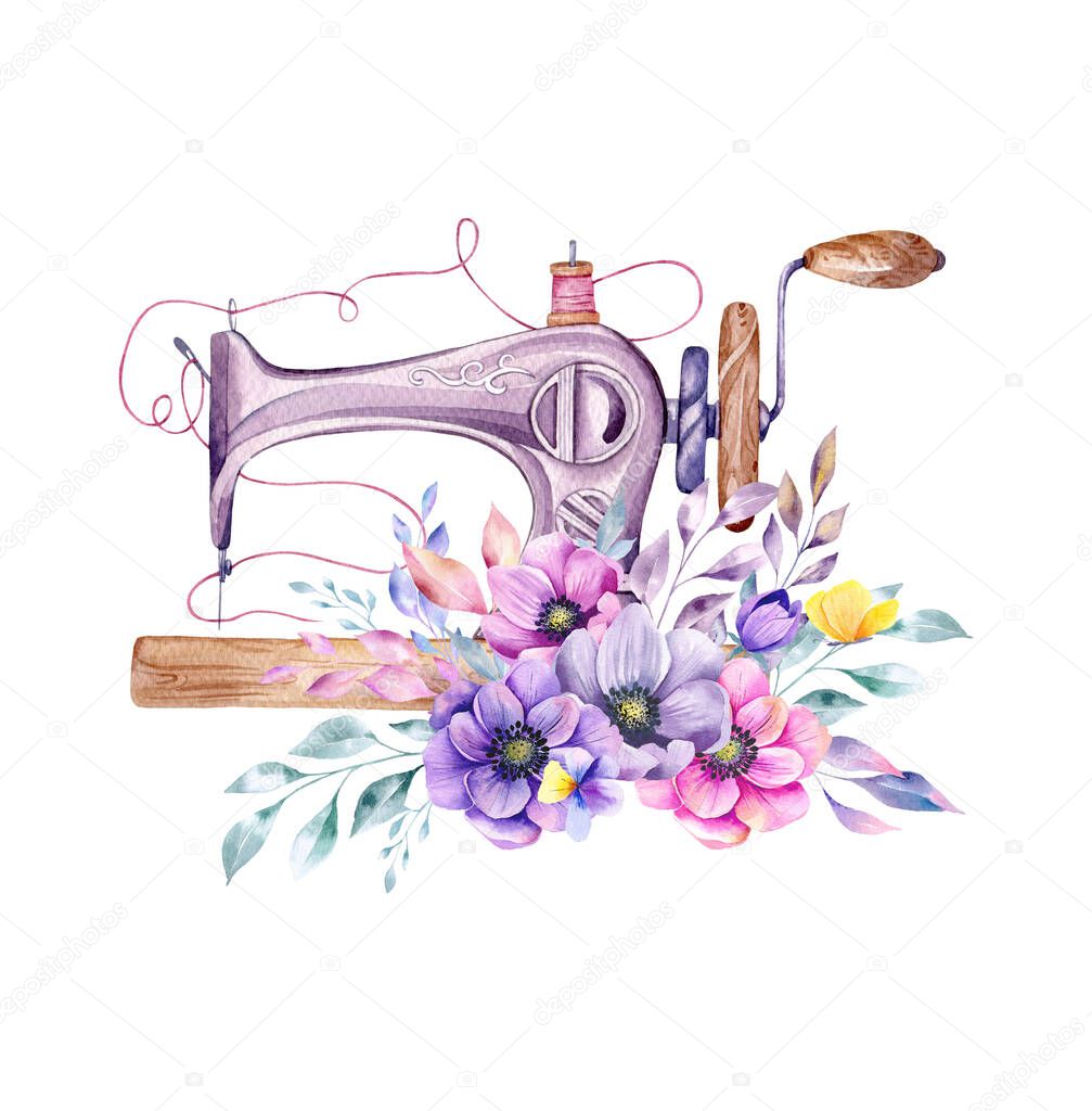Sewing logo. Vintage sewing machine with floral wreath. Watercolor illustration on white isolated background. Hobby. Homemade hobby. Embroidery, sewing. Tailor shop logo.